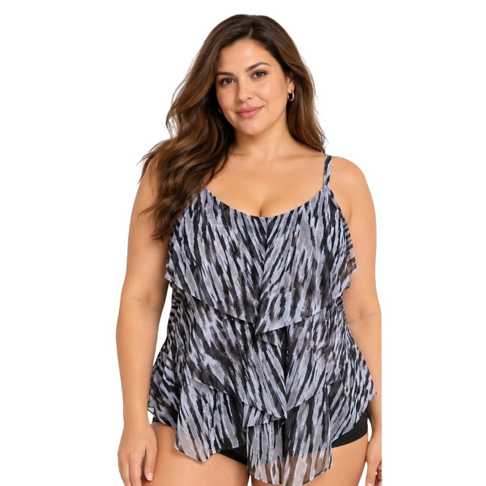 Cacique Swim Tiered Tankini Top Black White Animal Print Wireless Size 14
